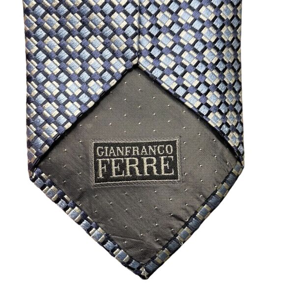 Gianfranco Ferre Silk Tie Blue Silver Geometric Square Pattern Made in Italy - Picture 6 of 10